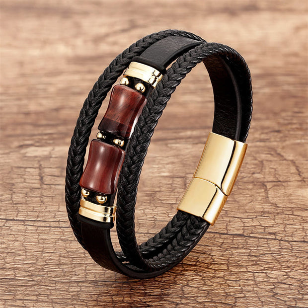 Buddha Stones Tiger Eye Bamboo Stone Integrity Courage Multi-layer Leather Bracelet Bracelet BS Brown-Red Tiger Eye 18-22cm