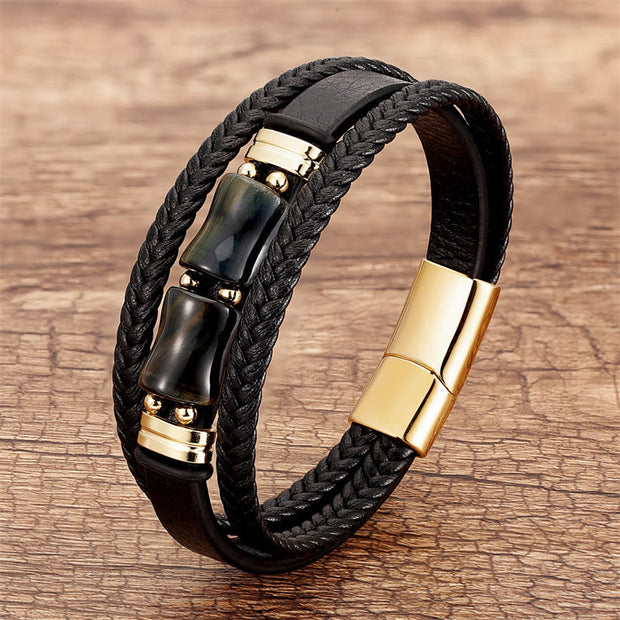 Buddha Stones Tiger Eye Bamboo Stone Integrity Courage Multi-layer Leather Bracelet Bracelet BS Black-Yellow Tiger Eye 18-22cm