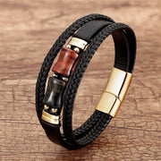 Buddha Stones Tiger Eye Bamboo Stone Integrity Courage Multi-layer Leather Bracelet Bracelet BS Brown-Red-Black Tiger Eye 18-22cm