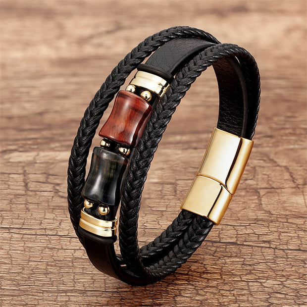 Buddha Stones Tiger Eye Bamboo Stone Integrity Courage Multi-layer Leather Bracelet Bracelet BS Brown-Red-Black Tiger Eye 18-22cm