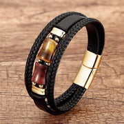 Buddha Stones Tiger Eye Bamboo Stone Integrity Courage Multi-layer Leather Bracelet Bracelet BS Yellow-Brown-Red Tiger Eye 18-22cm