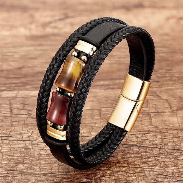 Buddha Stones Tiger Eye Bamboo Stone Integrity Courage Multi-layer Leather Bracelet