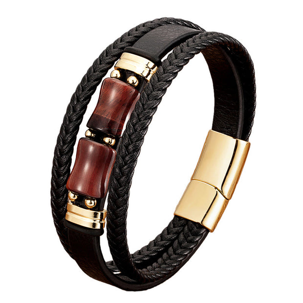 Buddha Stones Tiger Eye Bamboo Stone Integrity Courage Multi-layer Leather Bracelet Bracelet BS 5