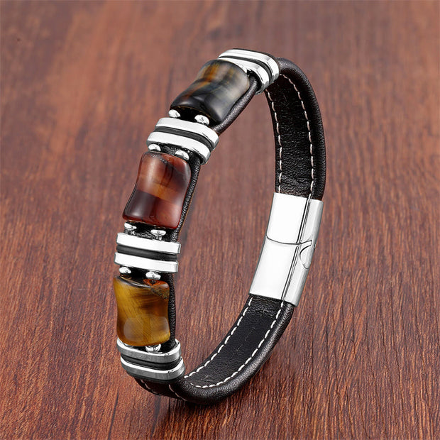 Buddha Stones Tiger Eye Three Bamboo Stone Protection Power Leather Bracelet