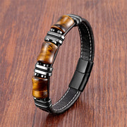 Buddha Stones Tiger Eye Three Bamboo Stone Protection Power Leather Bracelet Bracelet BS Yellow Tiger Eye-Black 18-22cm