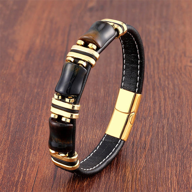 Buddha Stones Tiger Eye Three Bamboo Stone Protection Power Leather Bracelet Bracelet BS Yellow-Black Tiger Eye-Gold 18-22cm