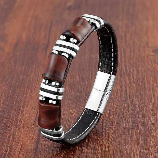 Buddha Stones Tiger Eye Three Bamboo Stone Protection Power Leather Bracelet Bracelet BS Brown-Red Tiger Eye-Silver 18-22cm