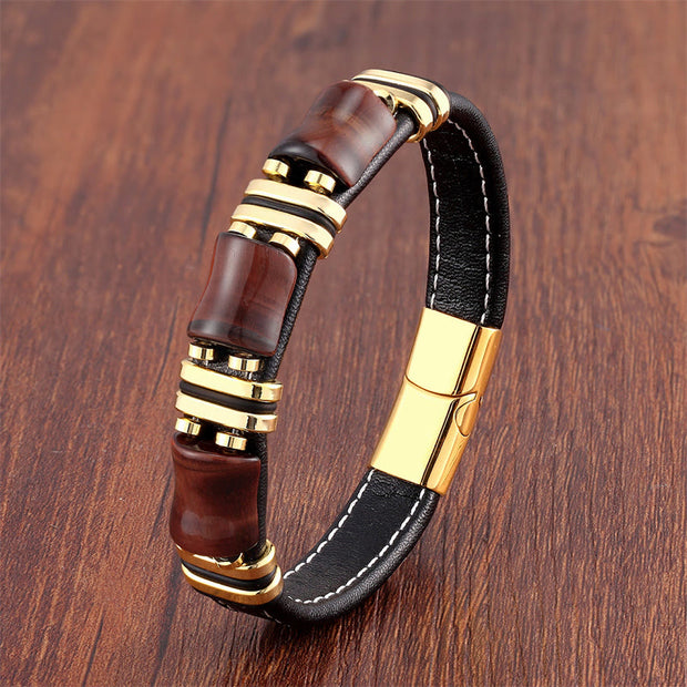 Buddha Stones Tiger Eye Three Bamboo Stone Protection Power Leather Bracelet Bracelet BS Brown-Red Tiger Eye-Gold 18-22cm