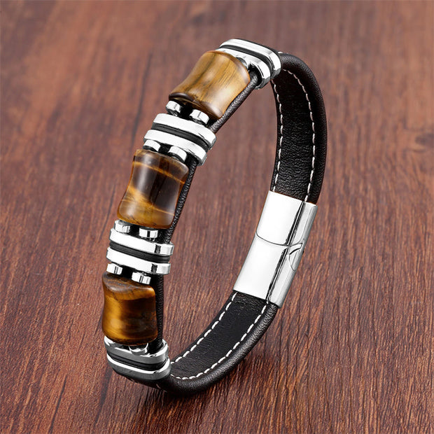 Buddha Stones Tiger Eye Three Bamboo Stone Protection Power Leather Bracelet