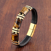 Buddha Stones Tiger Eye Three Bamboo Stone Protection Power Leather Bracelet Bracelet BS Yellow Tiger Eye-Gold 18-22cm