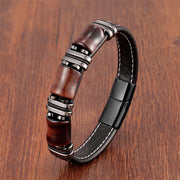 Buddha Stones Tiger Eye Three Bamboo Stone Protection Power Leather Bracelet Bracelet BS Brown-Red Tiger Eye-Black 18-22cm