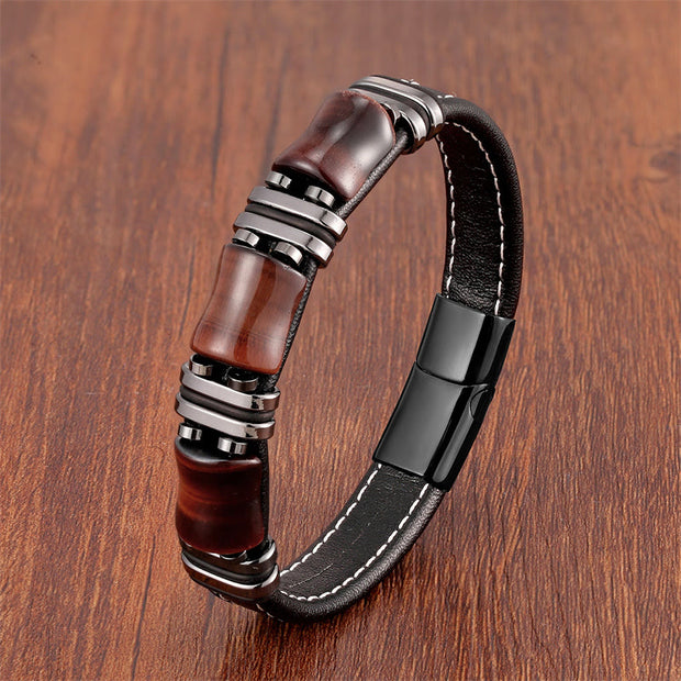 Buddha Stones Tiger Eye Three Bamboo Stone Protection Power Leather Bracelet Bracelet BS Brown-Red Tiger Eye-Black 18-22cm