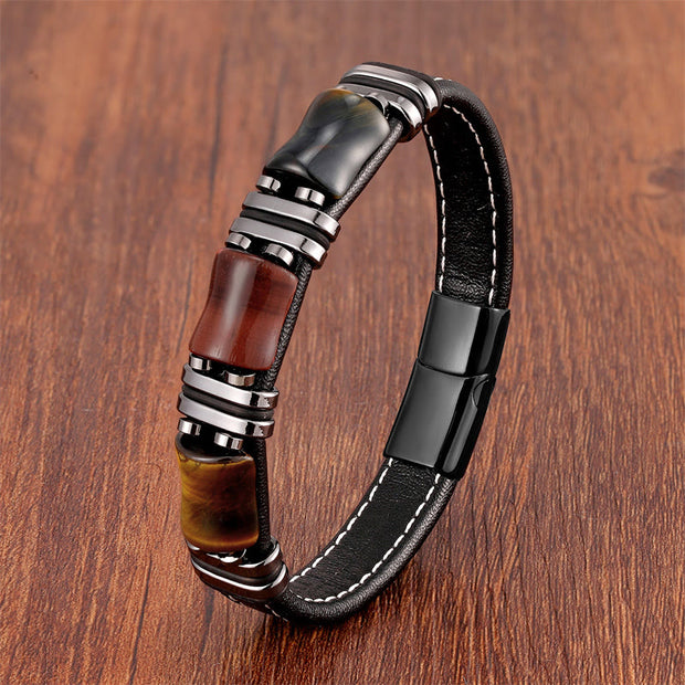 Buddha Stones Tiger Eye Three Bamboo Stone Protection Power Leather Bracelet