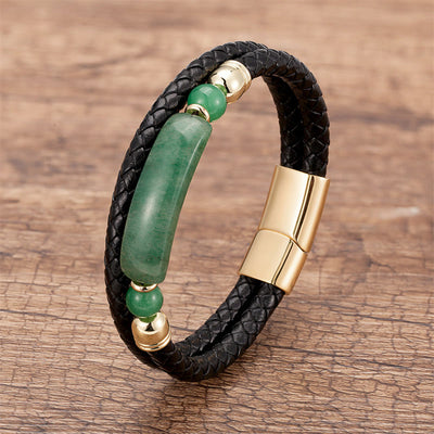 Buddha Stones Green Aventurine Tiger Eye Green Agate Black Onyx Hematite Stone Luck Leather Magnetic Buckle Bracelet Bracelet BS Gold Green Aventurine 18-22cm