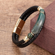 Buddha Stones Green Aventurine Tiger Eye Green Agate Black Onyx Hematite Stone Luck Leather Magnetic Buckle Bracelet Bracelet BS Gold Green Agate 18-22cm