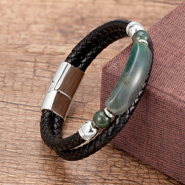 Buddha Stones Green Aventurine Tiger Eye Green Agate Black Onyx Hematite Stone Luck Leather Magnetic Buckle Bracelet Bracelet BS Silver Green Agate 18-22cm