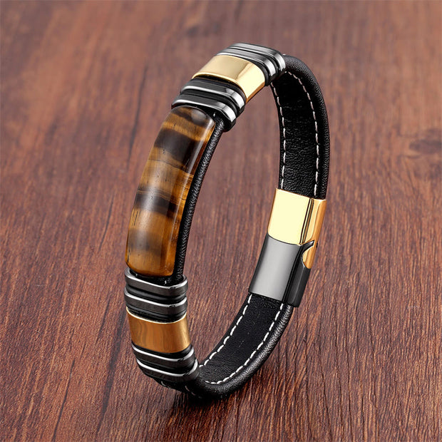 Buddha Stones Tiger Eye Stone Clear Thinking Leather Buckle Bracelet Bracelet BS Tiger Eye-Gold Black 18-22cm