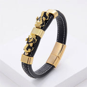 Buddha Stones Double PiXiu Wealth Luck Leather Magnetic Buckle Bracelet Bracelet BS Black Gold PiXiu 18-22cm