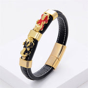 Buddha Stones Double PiXiu Wealth Luck Leather Magnetic Buckle Bracelet Bracelet BS Red Black PiXiu 18-22cm