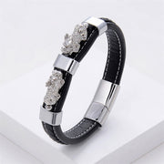 Buddha Stones Double PiXiu Wealth Luck Leather Magnetic Buckle Bracelet Bracelet BS Silver PiXiu 18-22cm