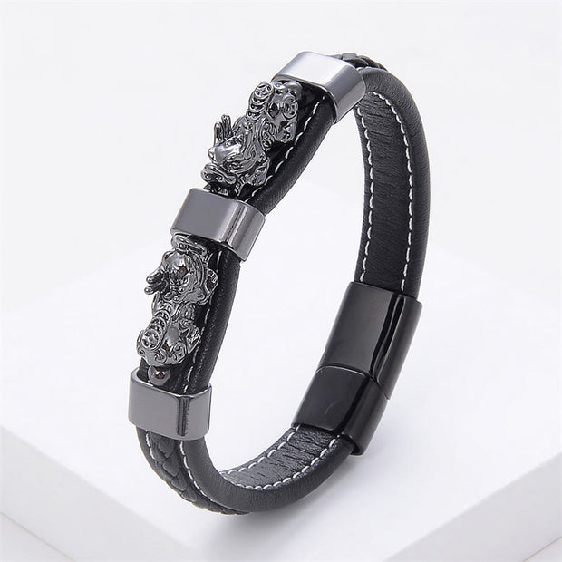 Buddha Stones Double PiXiu Wealth Luck Leather Magnetic Buckle Bracelet Bracelet BS Black Gray PiXiu 18-22cm