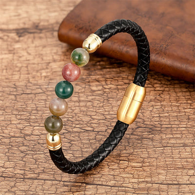 Buddha Stones Blue Agate Tiger Eye Lava Rock Black Onyx Lazurite Bead Protection Leather Bracelet