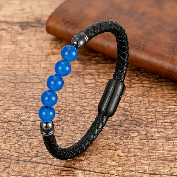 Buddha Stones Blue Agate Tiger Eye Lava Rock Black Onyx Lazurite Bead Protection Leather Bracelet Bracelet BS Blue Agate 18-22cm