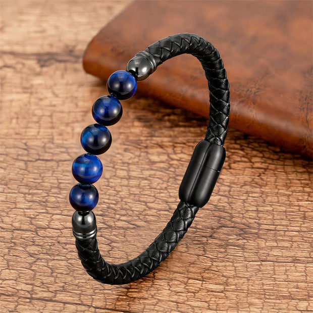 Buddha Stones Blue Agate Tiger Eye Lava Rock Black Onyx Lazurite Bead Protection Leather Bracelet Bracelet BS Blue Tiger Eye 18-22cm