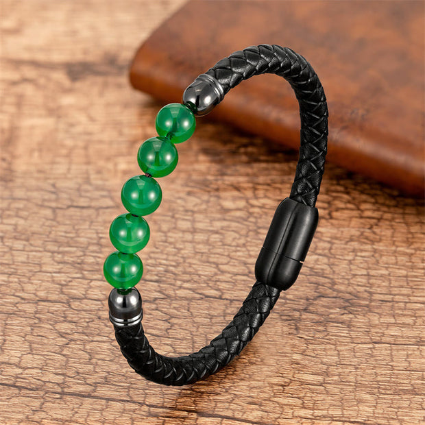 Buddha Stones Blue Agate Tiger Eye Lava Rock Black Onyx Lazurite Bead Protection Leather Bracelet Bracelet BS Green Agate 18-22cm