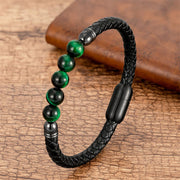 Buddha Stones Blue Agate Tiger Eye Lava Rock Black Onyx Lazurite Bead Protection Leather Bracelet Bracelet BS Green Tiger Eye 18-22cm