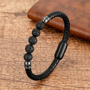 Buddha Stones Blue Agate Tiger Eye Lava Rock Black Onyx Lazurite Bead Protection Leather Bracelet Bracelet BS Lava Rock 18-22cm