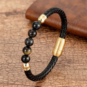 Buddha Stones Blue Agate Tiger Eye Lava Rock Black Onyx Lazurite Bead Protection Leather Bracelet