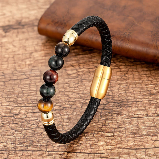 Buddha Stones Blue Agate Tiger Eye Lava Rock Black Onyx Lazurite Bead Protection Leather Bracelet Bracelet BS Red Black Tiger Eye 18-22cm