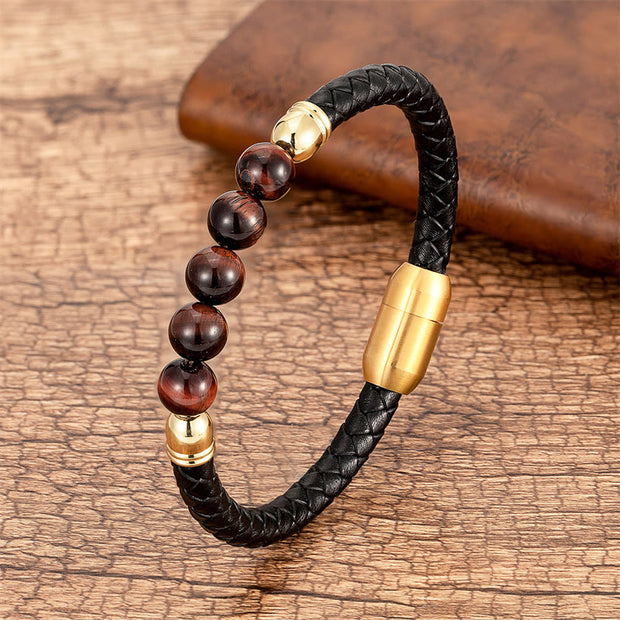 Buddha Stones Blue Agate Tiger Eye Lava Rock Black Onyx Lazurite Bead Protection Leather Bracelet Bracelet BS Brown Red Tiger Eye 18-22cm