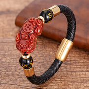 Buddha Stones Tiger Eye Black Onyx Red Agate PiXiu Copper Coin Om Mani Padme Hum Strength Leather Bracelet Bracelet BS Red Agate 18-22cm