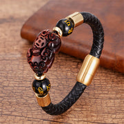 Buddha Stones Tiger Eye Black Onyx Red Agate PiXiu Copper Coin Om Mani Padme Hum Strength Leather Bracelet Bracelet BS Red Tiger Eye 18-22cm