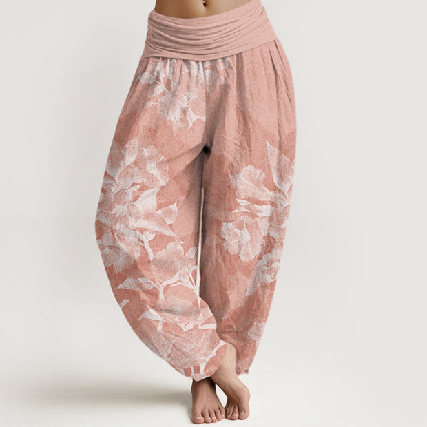 Buddha Stones White Flowers Pattern Women's Elastic Waist Harem Pants