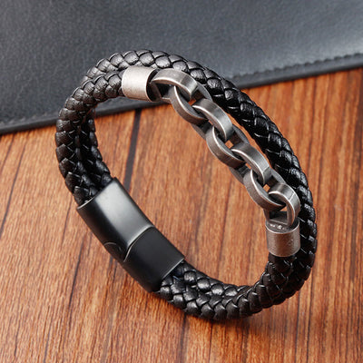 Buddha Stones Chain Design Titanium Steel Balance Leather Braided Buckle Bracelet Bracelet BS Double Layer(Wrist Circumference: 18-20cm)