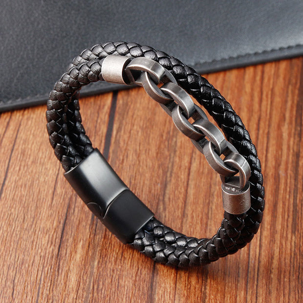 Buddha Stones Chain Design Titanium Steel Balance Leather Braided Buckle Bracelet