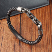 Buddha Stones Chain Design Titanium Steel Balance Leather Braided Buckle Bracelet Bracelet BS Single Layer(Wrist Circumference: 18-20cm)