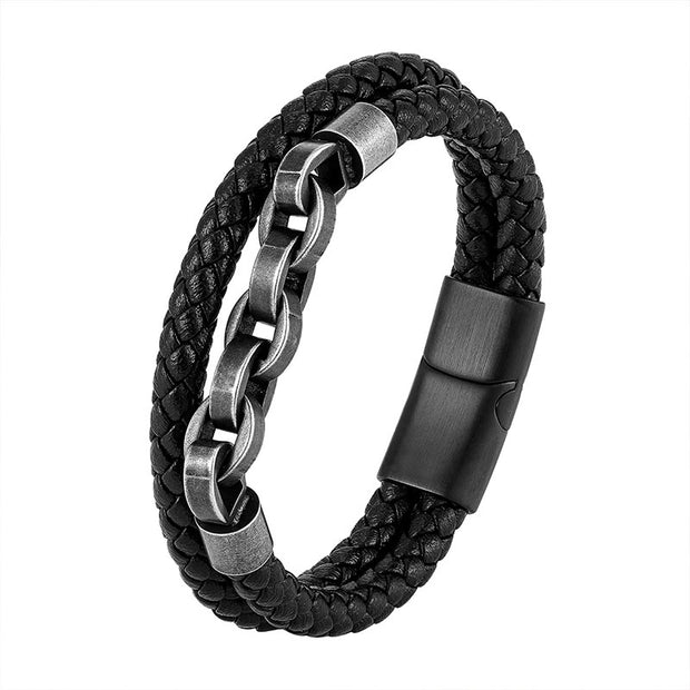 Buddha Stones Chain Design Titanium Steel Balance Leather Braided Buckle Bracelet Bracelet BS 5