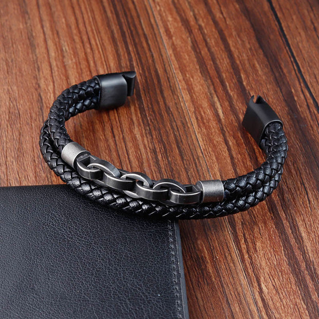 Buddha Stones Chain Design Titanium Steel Balance Leather Braided Buckle Bracelet Bracelet BS 4