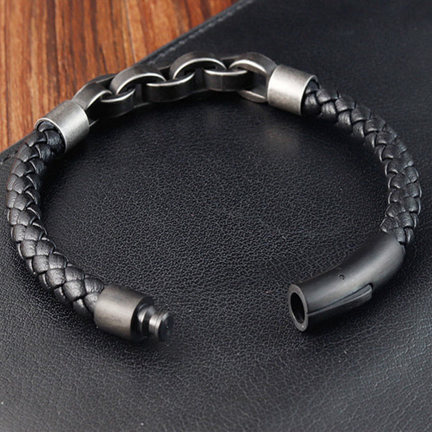 Buddha Stones Chain Design Titanium Steel Balance Leather Braided Buckle Bracelet Bracelet BS 12