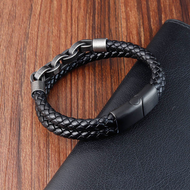 Buddha Stones Chain Design Titanium Steel Balance Leather Braided Buckle Bracelet Bracelet BS 2