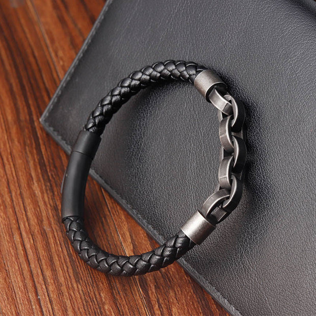 Buddha Stones Chain Design Titanium Steel Balance Leather Braided Buckle Bracelet Bracelet BS 11