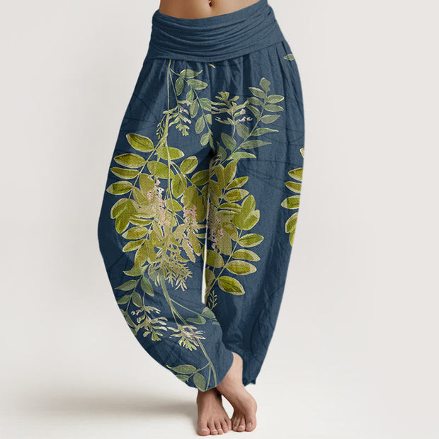 Buddha Stones Green Leaves Branches Women's Elastic Waist Harem Pants