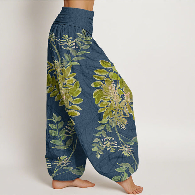 Buddha Stones Green Leaves Branches Women's Elastic Waist Harem Pants Women's Harem Pants BS 9