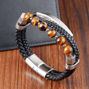 Buddha Stones Tiger Eye Bead Multi-layered Grounding Leather Buckle Bracelet Bracelet BS 1