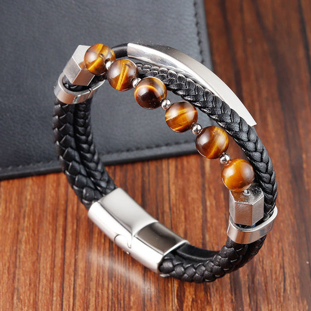 Buddha Stones Tiger Eye Bead Multi-layered Grounding Leather Buckle Bracelet