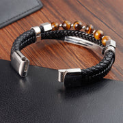 Buddha Stones Tiger Eye Bead Multi-layered Grounding Leather Buckle Bracelet